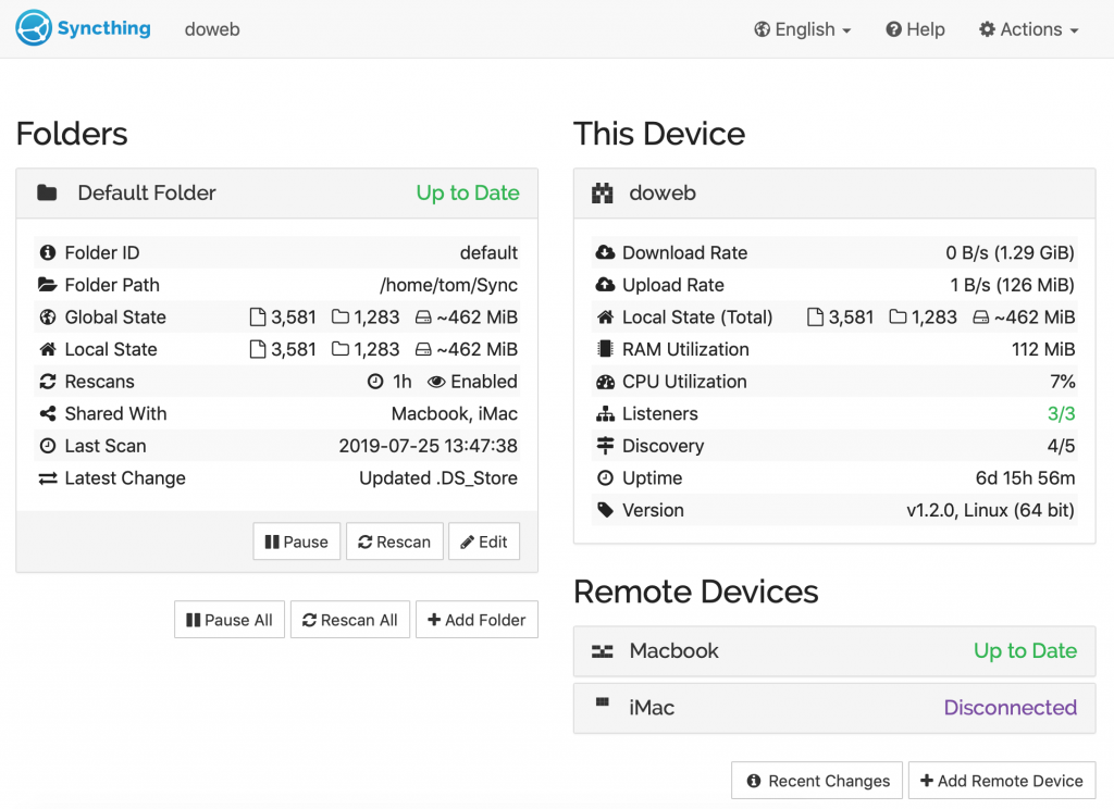 Syncthing web UI